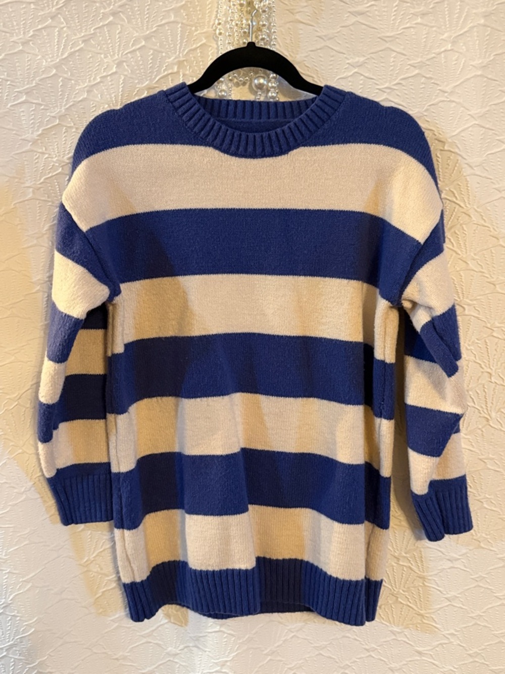Blue and Cream Striped Knit Sweater PTP: 20” L: 27”